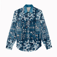 Blue Hawaiian Tapa Tribal Hibiscus Women Casual Shirt