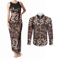 Burgundy Hawaiian Tapa Tribal Hibiscus Couples Matching Tank Maxi Dress and Long Sleeve Button Shirt