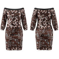 Burgundy Hawaiian Tapa Tribal Hibiscus Family Matching Off The Shoulder Long Sleeve Dress and Hawaiian Shirt