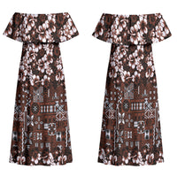 Burgundy Hawaiian Tapa Tribal Hibiscus Family Matching Off Shoulder Maxi Dress and Hawaiian Shirt