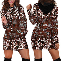 Burgundy Hawaiian Tapa Tribal Hibiscus Hoodie Dress