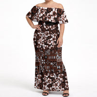 Burgundy Hawaiian Tapa Tribal Hibiscus Off Shoulder Maxi Dress