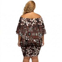 Burgundy Hawaiian Tapa Tribal Hibiscus Off Shoulder Short Dress