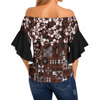 Burgundy Hawaiian Tapa Tribal Hibiscus Off Shoulder Wrap Waist Top LT9 - Polynesian Pride