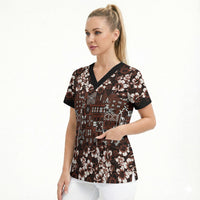 Burgundy Hawaiian Tapa Tribal Hibiscus Scrub Top