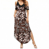 Burgundy Hawaiian Tapa Tribal Hibiscus Summer Maxi Dress