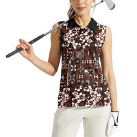 Burgundy Hawaiian Tapa Tribal Hibiscus Women Sleeveless Polo Shirt