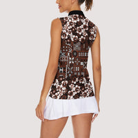 Burgundy Hawaiian Tapa Tribal Hibiscus Women Sleeveless Polo Shirt