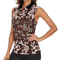 Burgundy Hawaiian Tapa Tribal Hibiscus Women Sleeveless Polo Shirt