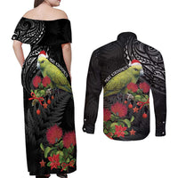 Meri Kirihimete Kakapo Couples Matching Off Shoulder Maxi Dress and Long Sleeve Button Shirt Black Silver Fern Christmas Vibe