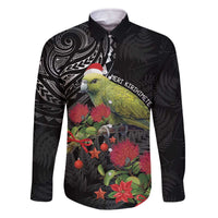 Meri Kirihimete Kakapo Family Matching Off The Shoulder Long Sleeve Dress and Hawaiian Shirt Black Silver Fern Christmas Vibe LT9 Dad's Shirt - Long Sleeve Black - Polynesian Pride