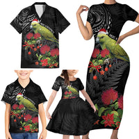 Meri Kirihimete Kakapo Family Matching Short Sleeve Bodycon Dress and Hawaiian Shirt Black Silver Fern Christmas Vibe