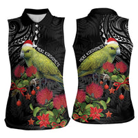 Meri Kirihimete Kakapo Women Sleeveless Polo Shirt Black Silver Fern Christmas Vibe