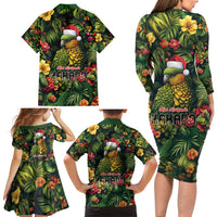 Meri Kirihimete Kakapo Family Matching Long Sleeve Bodycon Dress and Hawaiian Shirt New Zealand Christmas with Tropical Vibe