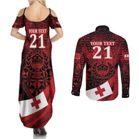 Custom Tonga XIII Rugby Tribal Tattoo Couples Matching Summer Maxi Dress and Long Sleeve Button Shirt Mate Ma'a Tonga Kupesi Ngatu Grunge Style