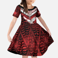 Custom Tonga XIII Rugby Tribal Tattoo Family Matching Off The Shoulder Long Sleeve Dress and Hawaiian Shirt Mate Ma'a Tonga Kupesi Ngatu Grunge Style LT9 Daughter's Dress Red - Polynesian Pride