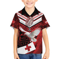 Custom Tonga XIII Rugby Tribal Tattoo Family Matching Off The Shoulder Long Sleeve Dress and Hawaiian Shirt Mate Ma'a Tonga Kupesi Ngatu Grunge Style LT9 Son's Shirt Red - Polynesian Pride