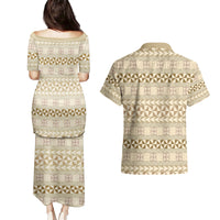 Pasifika Sataoa Pattern Simple Motif Couples Matching Puletasi and Hawaiian Shirt Beige Tan LT9 - Polynesian Pride