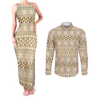 Pasifika Sataoa Pattern Simple Motif Couples Matching Tank Maxi Dress and Long Sleeve Button Shirt Beige Tan LT9 Beige Tan - Polynesian Pride