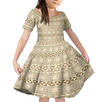 Pasifika Sataoa Pattern Simple Motif Family Matching Short Sleeve Bodycon Dress and Hawaiian Shirt Beige Tan LT9 Daughter's Dress Beige Tan - Polynesian Pride