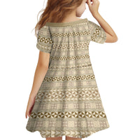 Pasifika Sataoa Pattern Simple Motif Kid Short Sleeve Dress Beige Tan LT9 - Polynesian Pride