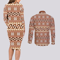 Pasifika Sataoa Pattern Simple Motif Couples Matching Long Sleeve Bodycon Dress and Long Sleeve Button Shirt Brown Beige Tan LT9 - Polynesian Pride