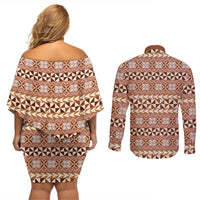 Pasifika Sataoa Pattern Simple Motif Couples Matching Off Shoulder Short Dress and Long Sleeve Button Shirt Brown Beige Tan LT9 - Polynesian Pride