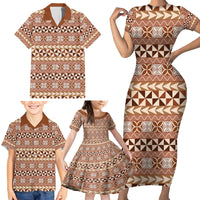 Pasifika Sataoa Pattern Simple Motif Family Matching Short Sleeve Bodycon Dress and Hawaiian Shirt Brown Beige Tan LT9 - Polynesian Pride