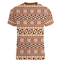 Pasifika Sataoa Pattern Simple Motif Women V Neck T Shirt Brown Beige Tan LT9 - Polynesian Pride