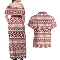 Pasifika Sataoa Pattern Simple Motif Couples Matching Off Shoulder Maxi Dress and Hawaiian Shirt Cherry LT9 - Polynesian Pride