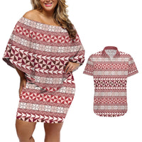 Pasifika Sataoa Pattern Simple Motif Couples Matching Off Shoulder Short Dress and Hawaiian Shirt Cherry LT9 Cherry - Polynesian Pride