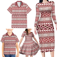 Pasifika Sataoa Pattern Simple Motif Family Matching Long Sleeve Bodycon Dress and Hawaiian Shirt Cherry LT9 - Polynesian Pride