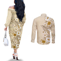 Pasifika Sataoa Pattern Plumeria Vintage Couples Matching Off The Shoulder Long Sleeve Dress and Long Sleeve Button Shirt Beige Tan LT9 - Polynesian Pride