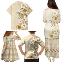 Pasifika Sataoa Pattern Plumeria Vintage Family Matching Puletasi and Hawaiian Shirt Beige Tan LT9 - Polynesian Pride