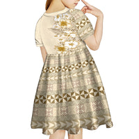 Pasifika Sataoa Pattern Plumeria Vintage Kid Short Sleeve Dress Beige Tan LT9 - Polynesian Pride