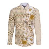 Pasifika Sataoa Pattern Plumeria Vintage Long Sleeve Button Shirt Beige Tan LT9 Unisex Beige Tan - Polynesian Pride