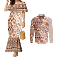 Pasifika Sataoa Pattern Plumeria Vintage Couples Matching Mermaid Dress and Long Sleeve Button Shirt Brown Beige Tan LT9 Brown - Polynesian Pride