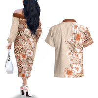 Pasifika Sataoa Pattern Plumeria Vintage Couples Matching Off The Shoulder Long Sleeve Dress and Hawaiian Shirt Brown Beige Tan LT9 - Polynesian Pride