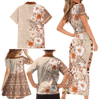Pasifika Sataoa Pattern Plumeria Vintage Family Matching Short Sleeve Bodycon Dress and Hawaiian Shirt Brown Beige Tan LT9 - Polynesian Pride