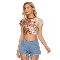 Pasifika Sataoa Pattern Plumeria Vintage Raglan Cropped T Shirt Brown Beige Tan LT9 Female Brown - Polynesian Pride