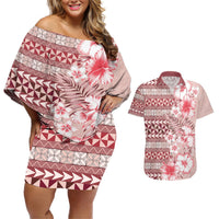 Pasifika Sataoa Pattern Plumeria Vintage Couples Matching Off Shoulder Short Dress and Hawaiian Shirt Cherry LT9 Cherry - Polynesian Pride