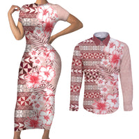 Pasifika Sataoa Pattern Plumeria Vintage Couples Matching Short Sleeve Bodycon Dress and Long Sleeve Button Shirt Cherry LT9 Cherry - Polynesian Pride