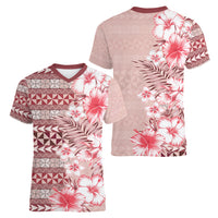 Pasifika Sataoa Pattern Plumeria Vintage Women V Neck T Shirt Cherry LT9 - Polynesian Pride