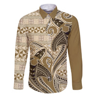 Vintage Hammerhead Shark Valentine Day Family Matching Long Sleeve Bodycon Dress and Hawaiian Shirt Pasifika Sataoa Pattern - Beige Tan LT9 Dad's Shirt - Long Sleeve Beige Tan - Polynesian Pride