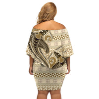 Vintage Hammerhead Shark Valentine Day Off Shoulder Short Dress Pasifika Sataoa Pattern - Beige Tan LT9 - Polynesian Pride