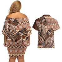 Vintage Hammerhead Shark Valentine Day Couples Matching Off Shoulder Short Dress and Hawaiian Shirt Pasifika Sataoa Pattern - Brown Beige Tan LT9 - Polynesian Pride