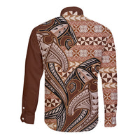 Vintage Hammerhead Shark Valentine Day Long Sleeve Button Shirt Pasifika Sataoa Pattern - Brown Beige Tan LT9 - Polynesian Pride