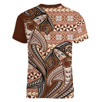Vintage Hammerhead Shark Valentine Day Women V Neck T Shirt Pasifika Sataoa Pattern - Brown Beige Tan LT9 - Polynesian Pride