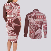 Vintage Hammerhead Shark Valentine Day Couples Matching Long Sleeve Bodycon Dress and Long Sleeve Button Shirt Pasifika Sataoa Pattern - Cherry LT9 - Polynesian Pride