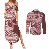 Vintage Hammerhead Shark Valentine Day Couples Matching Summer Maxi Dress and Long Sleeve Button Shirt Pasifika Sataoa Pattern - Cherry LT9 Cherry - Polynesian Pride